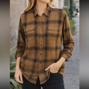 PAIGE Women’s XL Plaid Flannel Button-Up Shirt, Brown Tan, like New